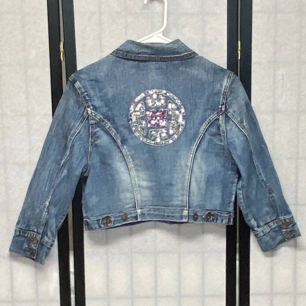 BoomBoom Jeans Sequin Sparkle Back Crop Moto Denim Jacket L Full Zip Medium Wash